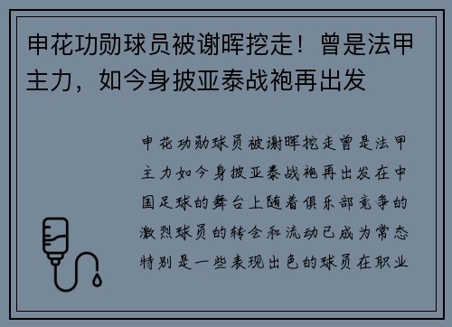申花功勋球员被谢晖挖走！曾是法甲主力，如今身披亚泰战袍再出发